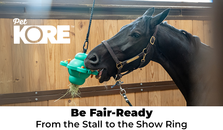 Promotional banner showing a black horse in a wooden stall interacting with a green hanging feeder. Overlay text reads “Be Fair-Ready From Stall to Show Ring” with a green button labeled “Shop PetKore.”
