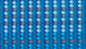 A swatch displaying a woven strap in layered blue tones. The primary color is a bright lake‑blue, accompanied by alternating rows of lighter blue and white threading. The pattern forms a tight repeating grid, giving the strap a sturdy, structured feel with clean color contrast along the weave.