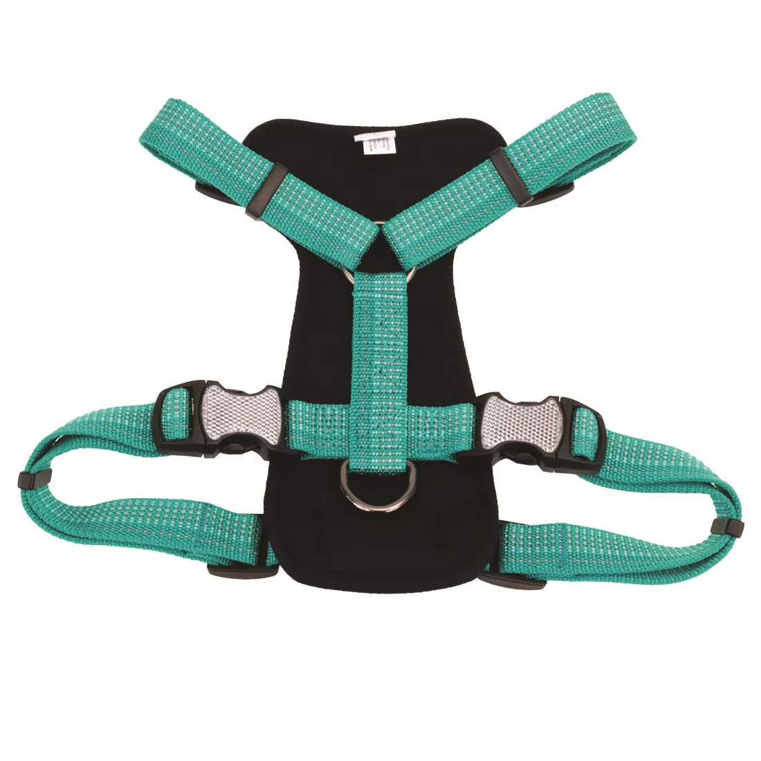 A teal and black dog harness is displayed against a white background. The harness has teal woven straps with reflective stitching, black plastic slide adjusters, and black plastic side‑release buckles. A padded black chest panel supports the strap structure. A metal D‑ring is positioned at the front center of the chest panel.